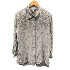 Diane Gilman Silk Blouse Women's 2XL Gray Beaded Sequin Button Up Top